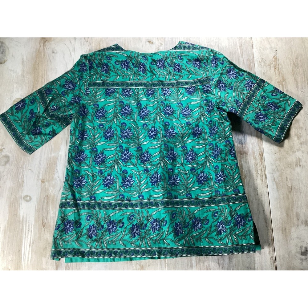 Vermont Store Green Top With Blue Flowers Cotton Women's M Boho Cottage Core - Picture 3 of 5